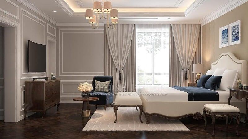 Sắp xếp nội thất phòng ngủ master gỗ óc chó mang phong cách tân cổ điển sang trọng, độc đáo.