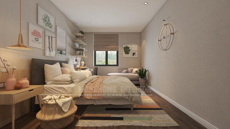 Sắp xếp nội thất phòng ngủ nữ tính với lối trang trí nhẹ nhàng pha chút sắc hồng lãng mạn từ tranh treo tường đáng yêu và lọ hoa sinh động.