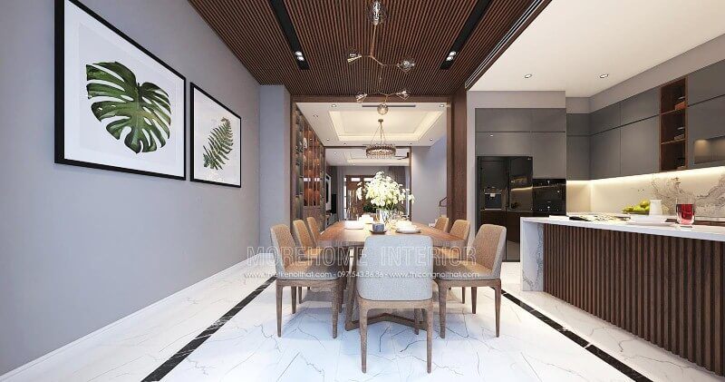 Sắp xếp nội thất phòng ăn liền bếp hiện đại đẹp sang trọng cho nhà phố, biệt thự tại Vinh, Nghệ An.